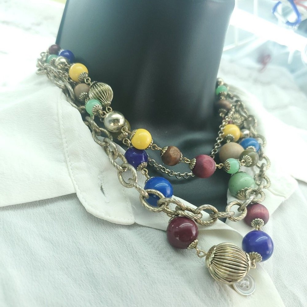 Womens Multicolor Mixed Wooden And Plastic Stone Beaded Layered Necklace